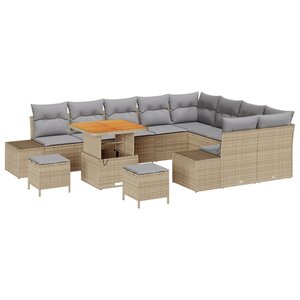 Ensemble de Canapés de Jardin 12 Pièces avec Coussins Rotin Poly Beige Acacia