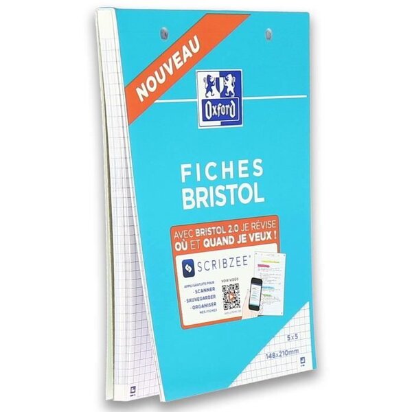 OXFORD - Bloc fiche bristol 2.0 perforé - 14,8 x 21 cm - 30 fiches - 210g - 5x5