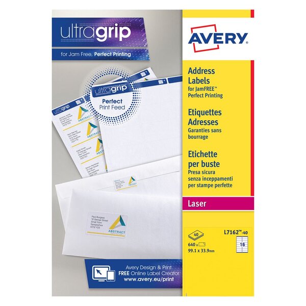 Étiquettes courrier pour imprimantes laser, 99,1 x 33,9 mm, 40 feuilles, 16 étiquettes par feuille, auto-adhésives, blanc (paquet 640 unités)