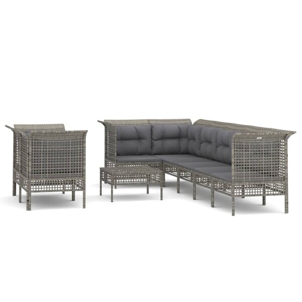 vidaXL Salon de jardin 9 Pièces avec coussins Gris Résine tressée