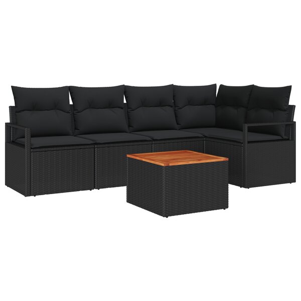 vidaXL Canapé de jardin 6 pièces avec coussins  en poly rotin noir et bois d'acacia