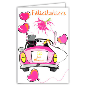 Carte FLUO Félicitations MARIAGE Voiture Just Married Avec Enveloppe 12x17,5cm
