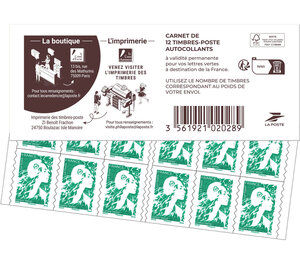 Carnet 12 timbres Marianne de l'avenir - Lettre Verte - Couverture Carré d'encre