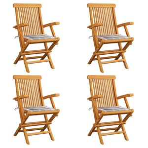 vidaXL Chaises de jardin coussins à carreaux gris lot de 4 Teck massif