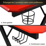 Bureau gaming surface en fibre de carbone 120 x 60 x 76 cm avec porte-gobelet crochet pour ecouteurs et supports audio noir et rouge 20_0008009
