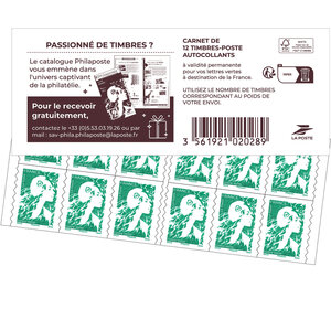 Carnet 12 timbres Marianne de l'avenir - Lettre Verte - Couverture Catalogue Philaposte 2024