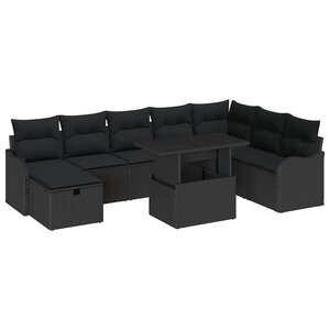 vidaXL Ensemble de canapé de jardin avec coussin 9 Pièces Noir Poly rotin