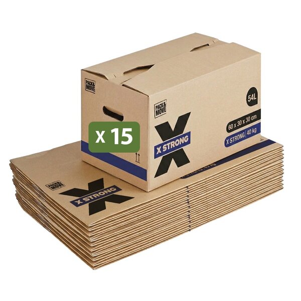 Pack and Move - Lot de 15 Cartons Déménagement X Strong - 60 x 30 x 30 cm - Charge 40 kg - Extrême Résistance - Grande Capacité