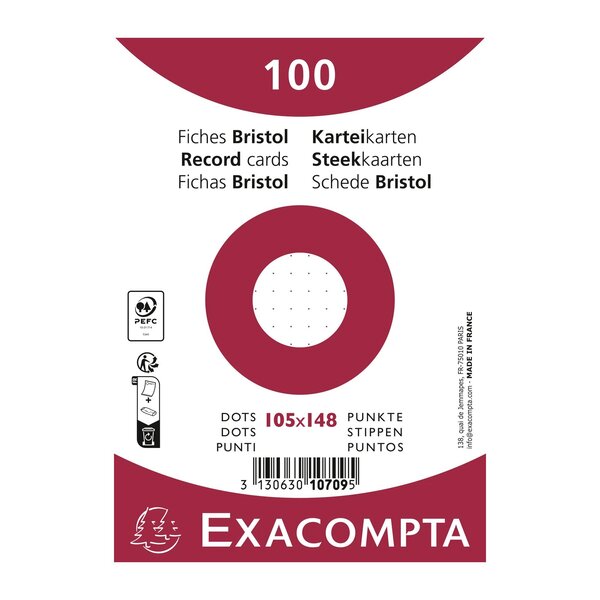 Paquet 100 Fiches Sous Film - Bristol Dots Non Perforé - 105x148mm - Blanc - Exacompta