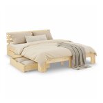 Lit en Bois 180x200 cm Naturel - Lit Double avec 2 Tiroirs de Rangement et  avec Matelas - Massif