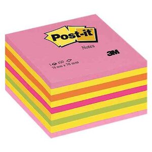 Bloc cube 450 feuilles 76 x 76 mm Néon rose  jaune orange  vert POST-IT