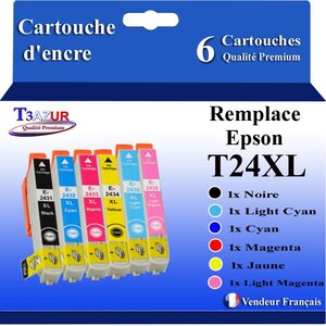 T3AZUR- 6x Cartouches Compatibles avec Epson 24XL 24 XL remplace Epson Expression Photo XP-55 XP-750 XP-760 XP-850 XP-860 XP-950 XP-960 XP-970