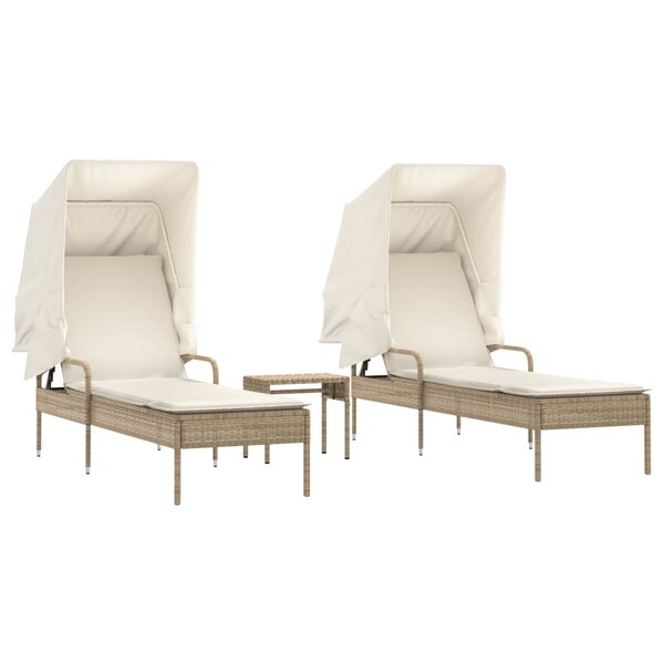vidaXL Chaises longues lot de 2 avec auvents et table beige poly rotin