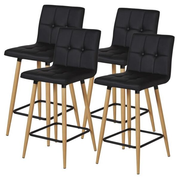Lot de 4 Tabourets de bar comptoir de cuisine - Simili Noir et pieds bois - L40 x P39 x H63 cm - MARCO