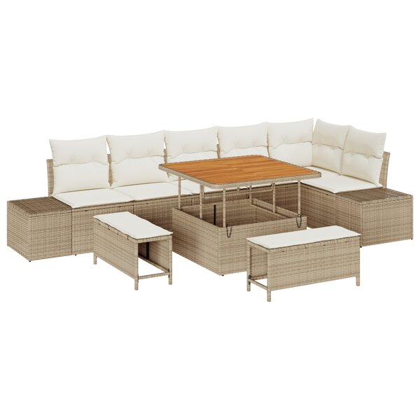 Ensemble de canapé de jardin 9 pièces avec coussins en poly rattan beige acacia
