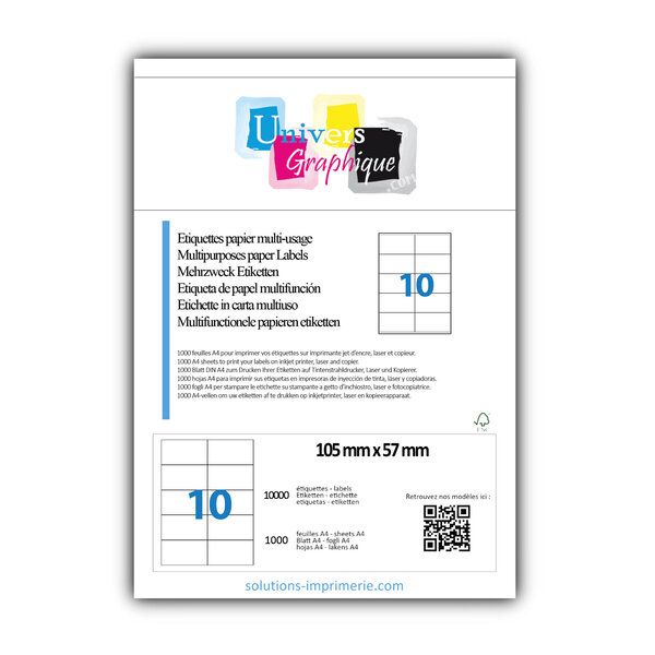 Lot de 1000 planches a4 de 10 étiquettes à bords vifs 105 x 57 mm en papier blanc 70g/m² multifonction