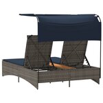 vidaXL Chaise longue double avec auvent et coussins en polyrotin gris
