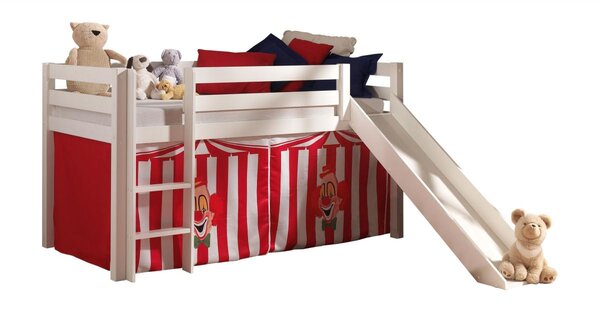 PINO Lit mezzanine avec toboggan pin massif Blanc + Rideau de lit Chucky