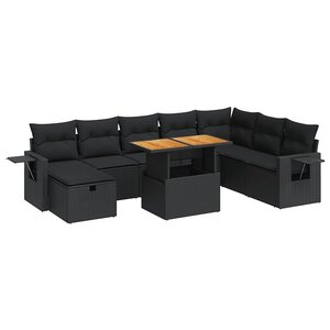 vidaXL Salon de jardin avec coussins 9 Pièces noir résine tressée acacia
