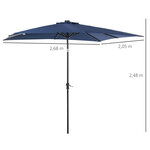 Parasol lumineux rectangulaire inclinable dim. 2 68L x 2 05l x 2 48H m parasol LED solaire métal polyester haute densité bleu