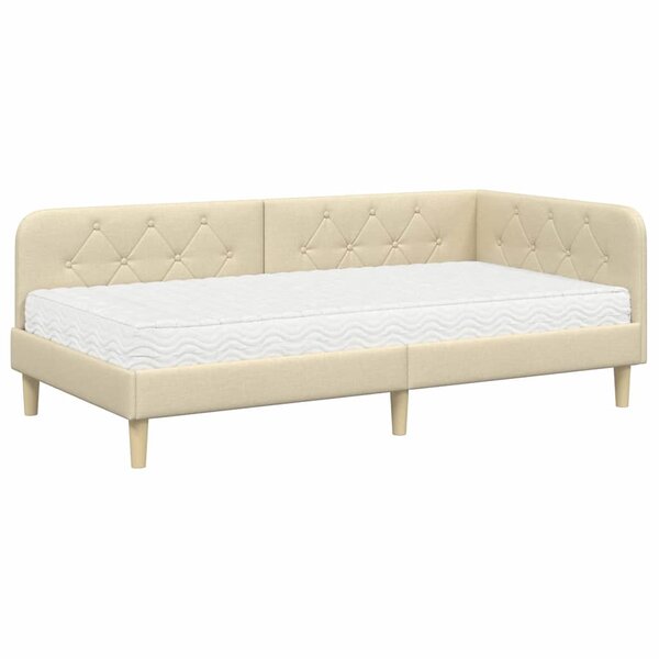 vidaXL Cadre de lit d'angle avec matelas Crème 90 x 200 cm tissu