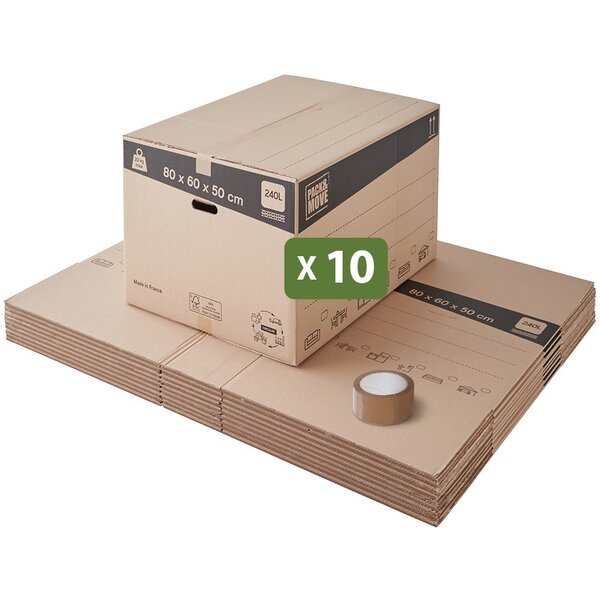 Pack and Move - Lot 10 cartons déménagement XXL - 80 x 60 x 50 cm - Poignées renforcées - 1 adhésif offert