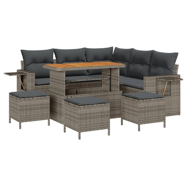 Ensemble de canapé de jardin 9 pièces avec coussins Gris Rotin Poly Acacia