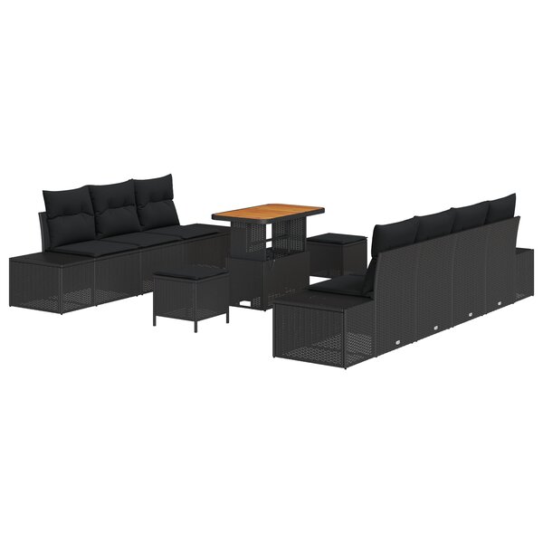 Set de canapé de jardin 10 pièces avec coussins noir poly rattan acacia
