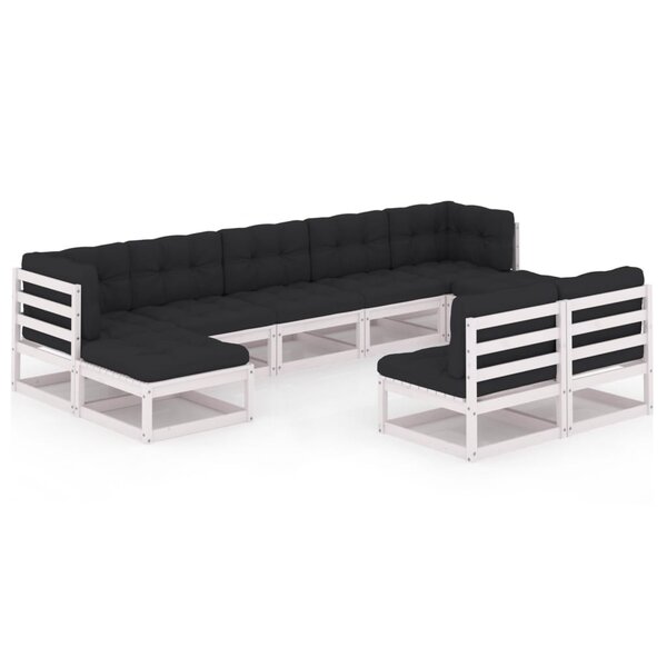 vidaXL Salon de jardin 9 Pièces avec coussins Blanc Bois de pin massif