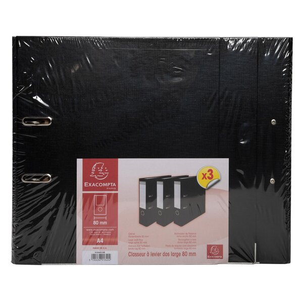 Lot De 3 Classeurs À Levier - Dos De 80mm - Format A4 - Extérieur En Polypropylène / Intérieur En Papier - Noir - X 4 - Exacompta