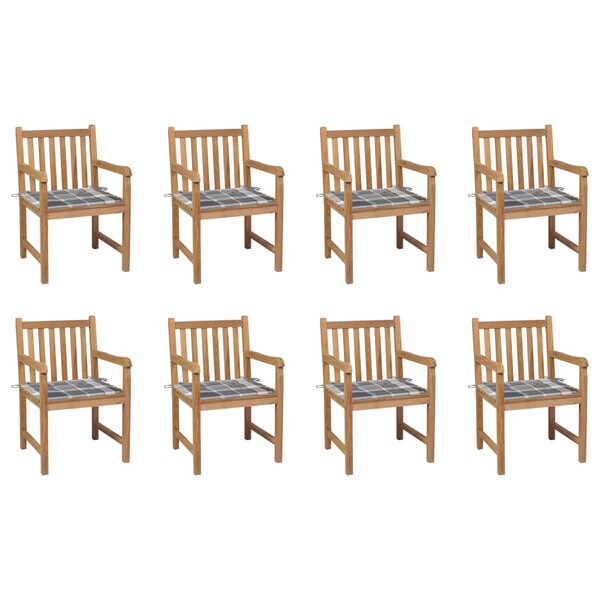 vidaXL Chaises de jardin lot de 8 et coussins carreaux gris Bois teck