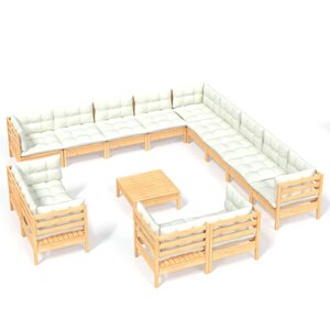 Salon de jardin meuble d'extérieur ensemble de mobilier 14 pièces avec coussins crème bois de pin solide 02_0015835