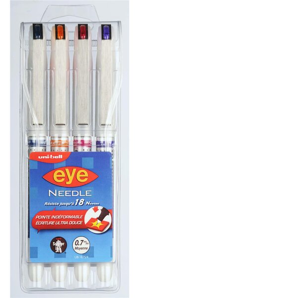 Etui de 4 Rollers encre liquide EYE UB187S/4 Pte aiguille Moy. 0,7mm Multicolore UNI-BALL