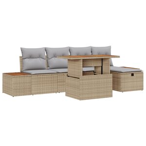Ensemble de canapés de jardin de 6 pièces avec coussins en rotin poly beige et acacia