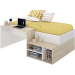 Lit combiné enfant KRIC - chêne naturel et blanc - Bureau et rangement - 90 x 190 cm