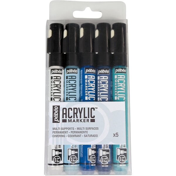 Set 5 marqueurs acrylique pointe ronde 1 2mm blanc/bleu clair/cyan/bleu caraïbes/bleu nuit pébéo