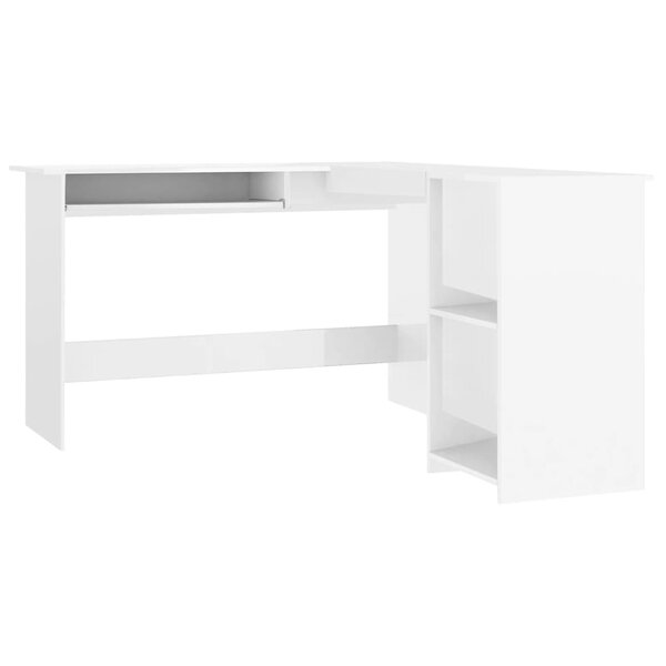 Bureau table poste de travail meuble d'ordinateur informatique étude d'angle en forme de L brillant bois d'ingénierie blanc 02_0023682