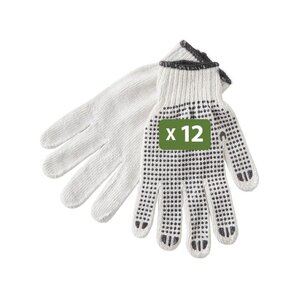 Pack and Move - Lot de 12 Paires de gants de travail déménagement - Coton et PVC antidérapant - Blanc et Noir