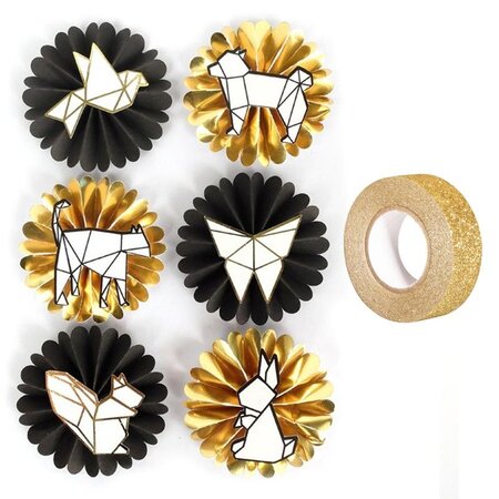 6 stickers 3D animaux géométriques & origami + masking tape doré à paillettes 5 m