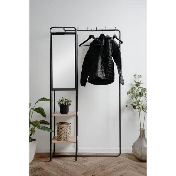 Meuble d'entrée métallique - Noir / Chêne artisan - 100 x 185 x 37 cm - 2 étageres - 1 miroir