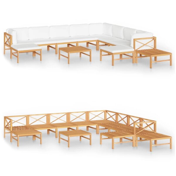 vidaXL Salon de jardin 12 Pièces avec coussins crème Bois de teck solide