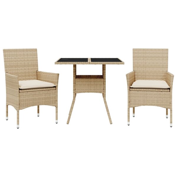vidaXL Ensemble à manger de jardin et coussins 3 Pièces beige rotin verre