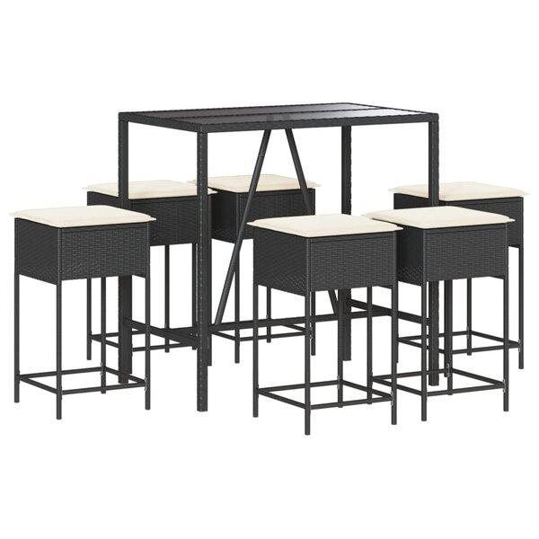 vidaXL Ensemble de bar de jardin 7 Pièces avec coussins noir poly rotin