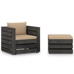 vidaXL Salon de jardin 2 Pièces avec coussins Bois imprégné de gris