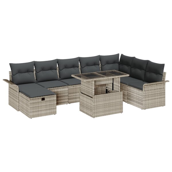 Set de Canapé de Jardin 9 Pièces avec Coussins Gris Clair en Rattan Poly