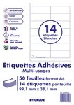 50 planches a4 de 14 = 700 étiquettes autocollantes papier adhésif blanc  - 99,1 x 38,1 mm - compatible mon timbre en ligne - (l7163) tva deductible