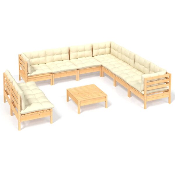 vidaXL Salon de jardin 10 Pièces avec coussins crème bois de pin massif