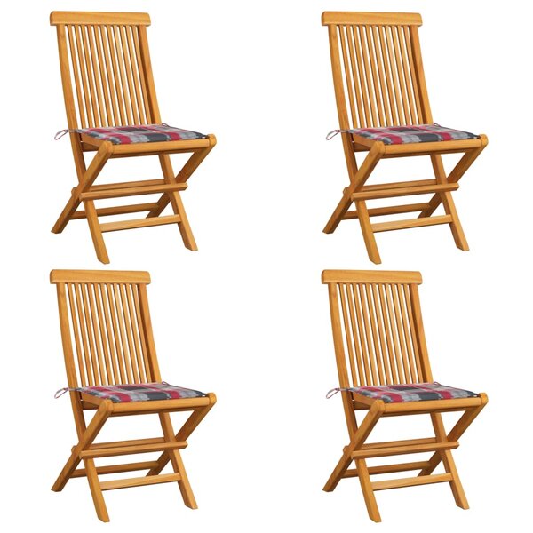 vidaXL Chaises de jardin et coussins à carreaux rouge 4Pièces Teck massif
