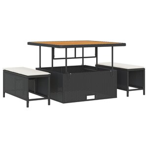 Ensemble de salle à manger de jardin 3 pièces avec coussins Rattan Poly Noir Acacia