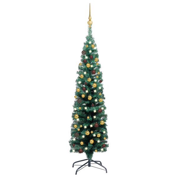 vidaXL Sapin de Noël artificiel mince pré-éclairé et boules vert 120cm